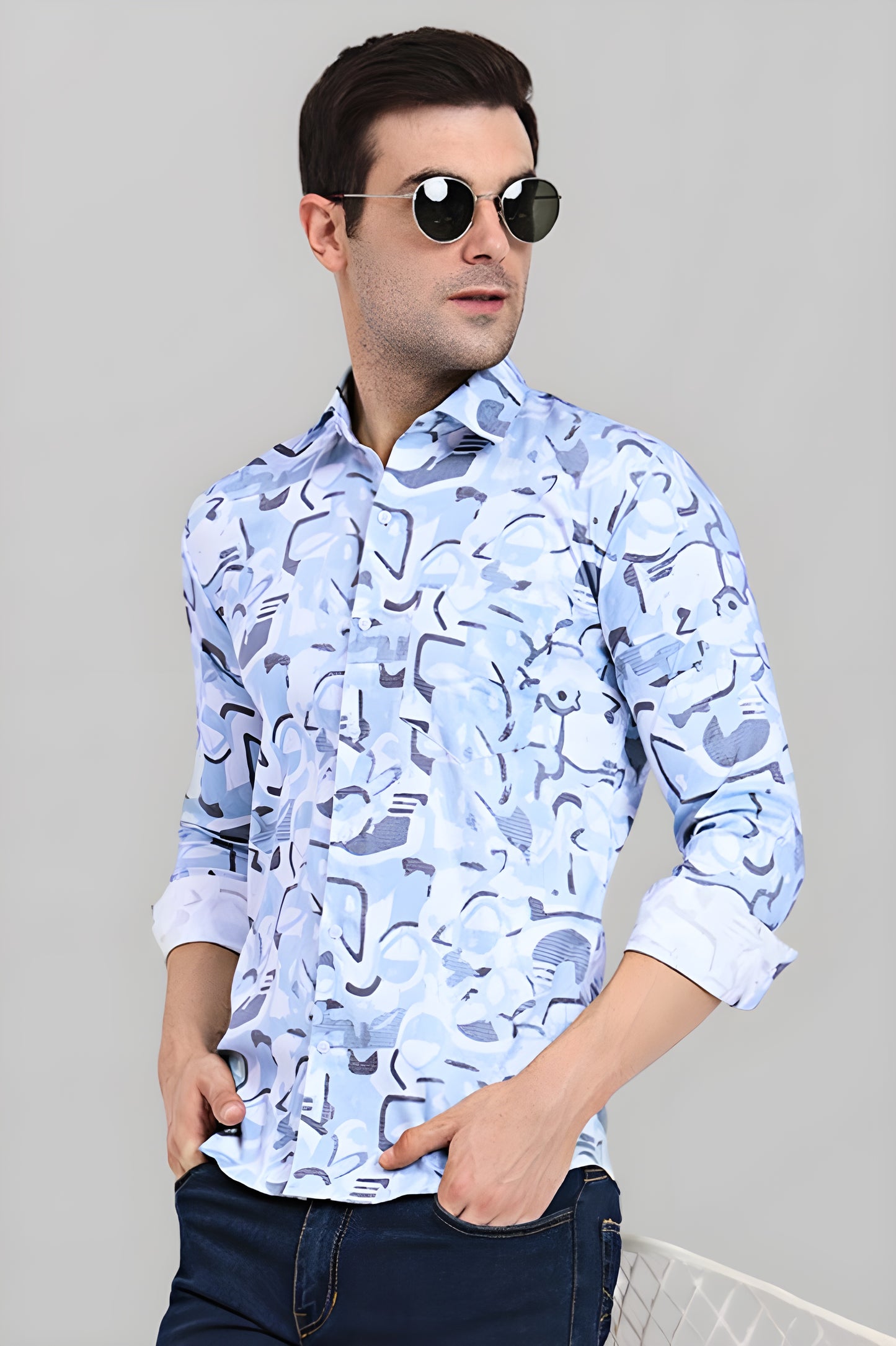 Azure Blue Geo-Abstract Printed Casual Shirt