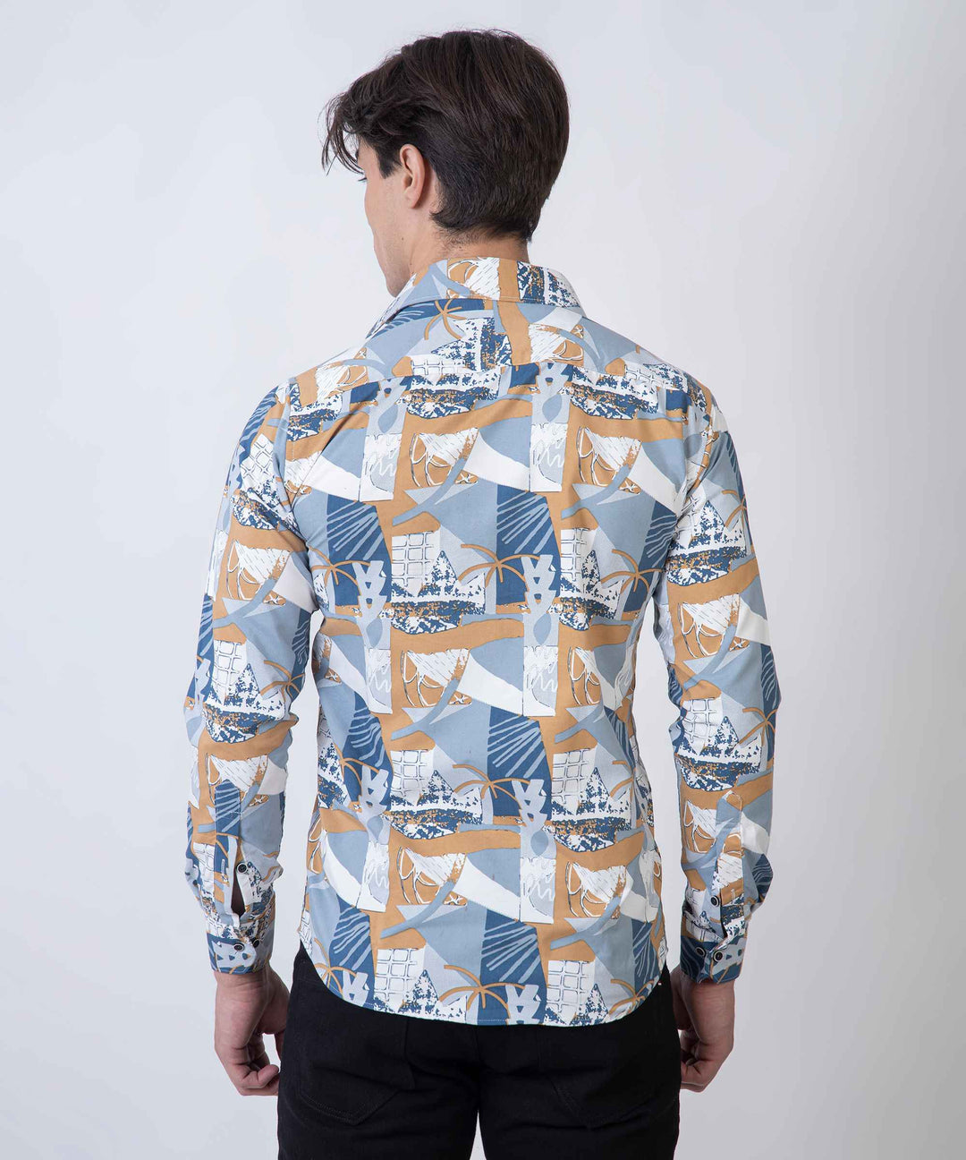 Beige Blue Abstract Patch 100% Cotton Shirt