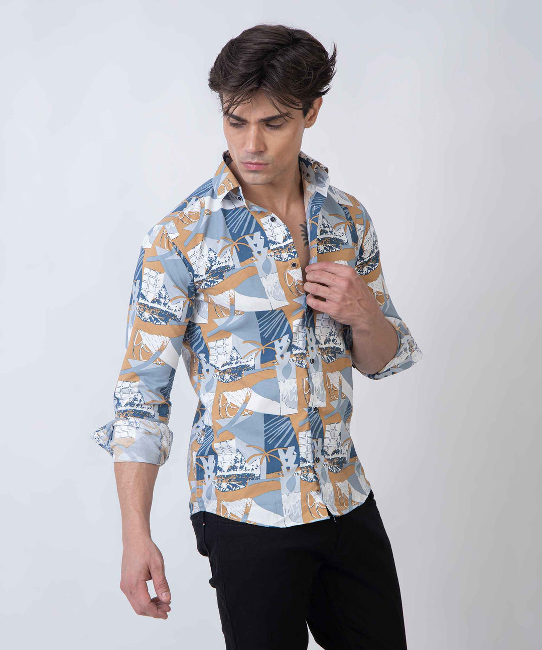 Beige Blue Abstract Patch 100% Cotton Shirt