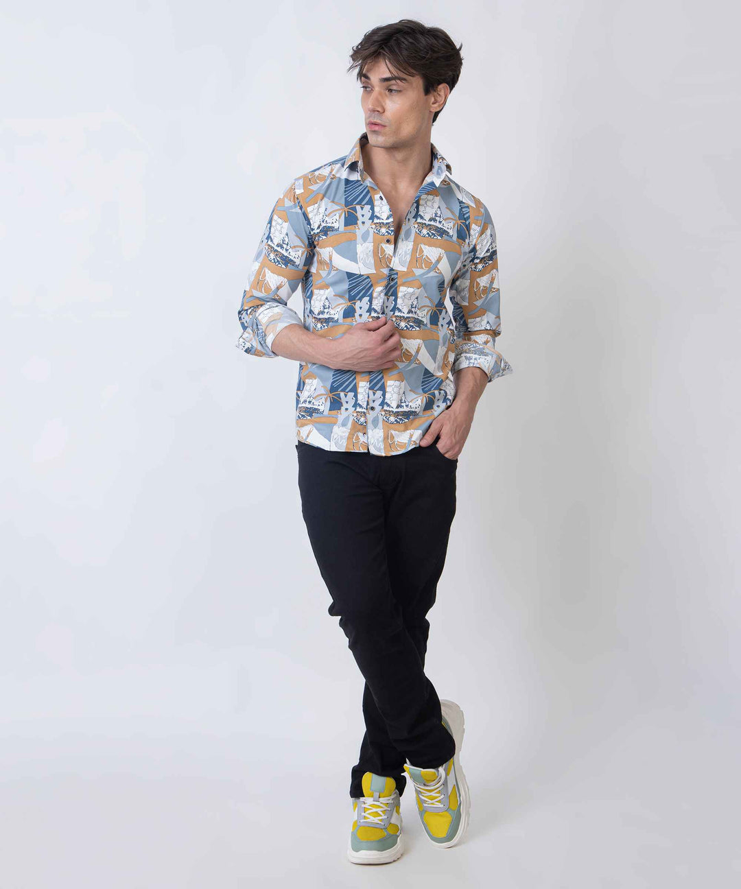 Beige Blue Abstract Patch 100% Cotton Shirt