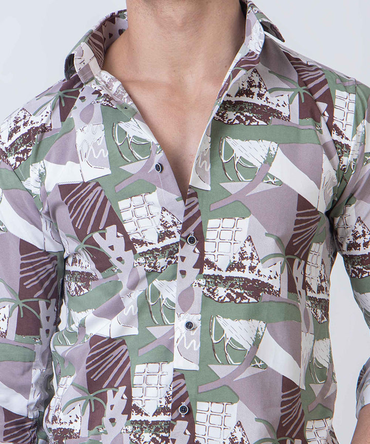 Olive Brown Abstract Patch 100% Cotton Shirt