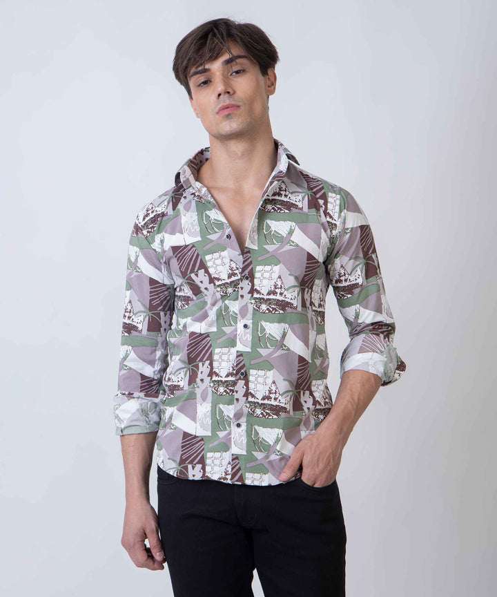 Olive Brown Abstract Patch 100% Cotton Shirt