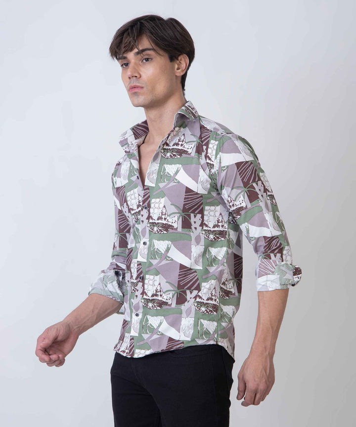 Olive Brown Abstract Patch 100% Cotton Shirt