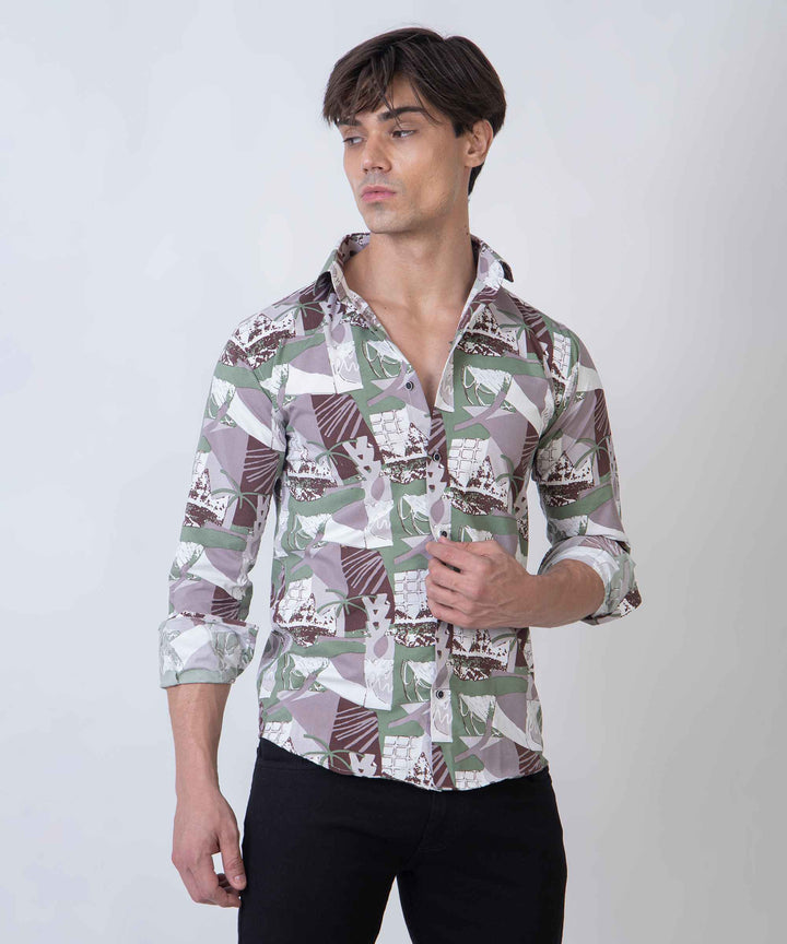 Olive Brown Abstract Patch 100% Cotton Shirt