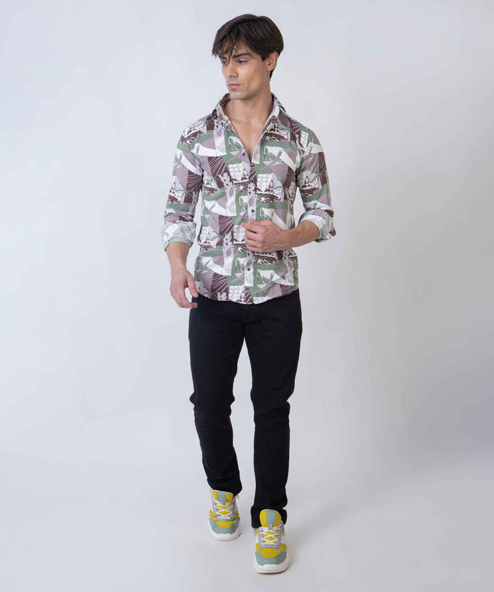 Olive Brown Abstract Patch 100% Cotton Shirt