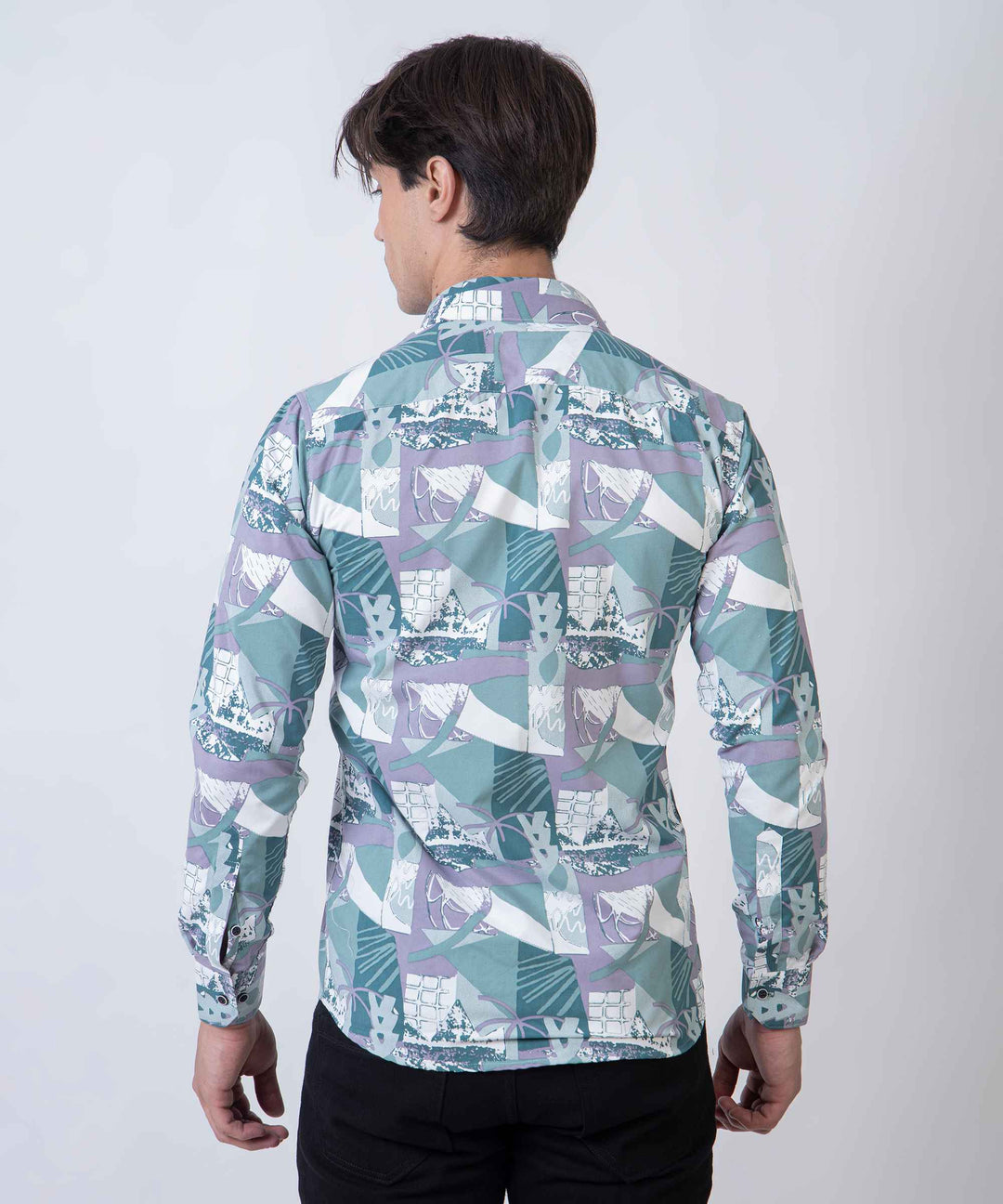 Teal Grey Abstract Patch 100% Cotton Shirt