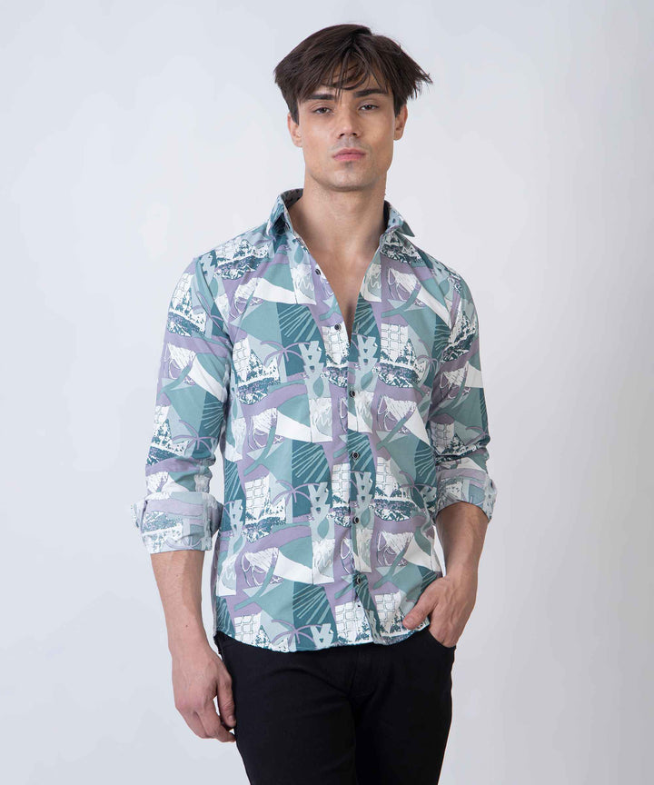 Teal Grey Abstract Patch 100% Cotton Shirt