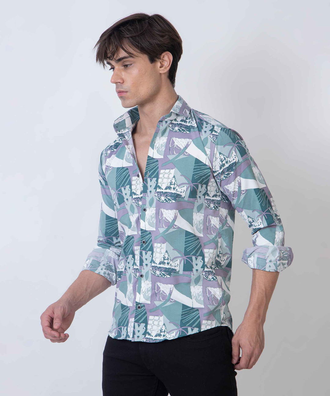 Teal Grey Abstract Patch 100% Cotton Shirt