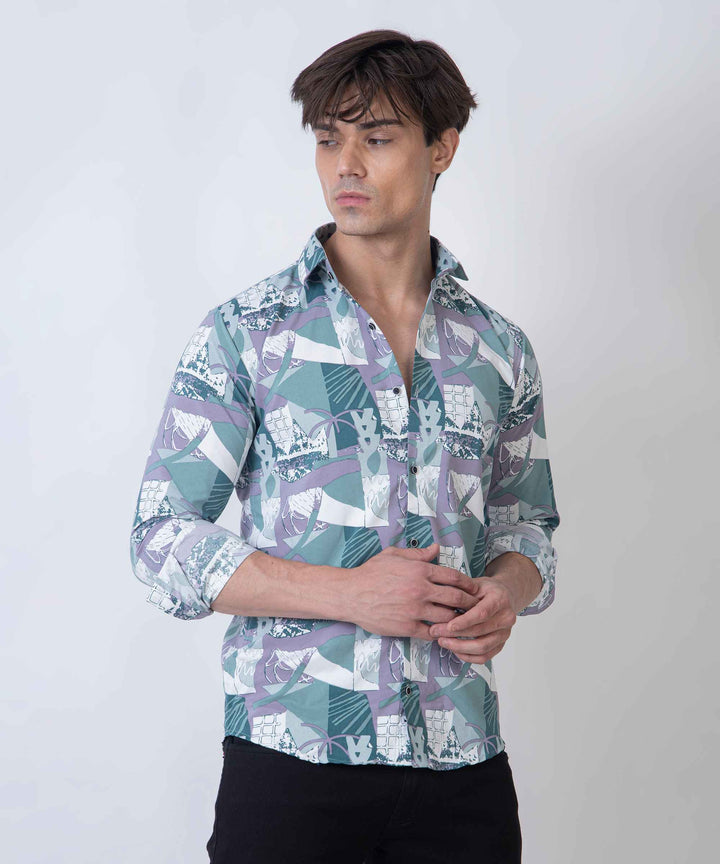 Teal Grey Abstract Patch 100% Cotton Shirt