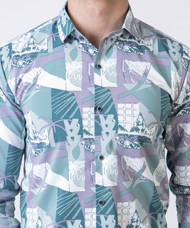 Teal Grey Abstract Patch 100% Cotton Shirt