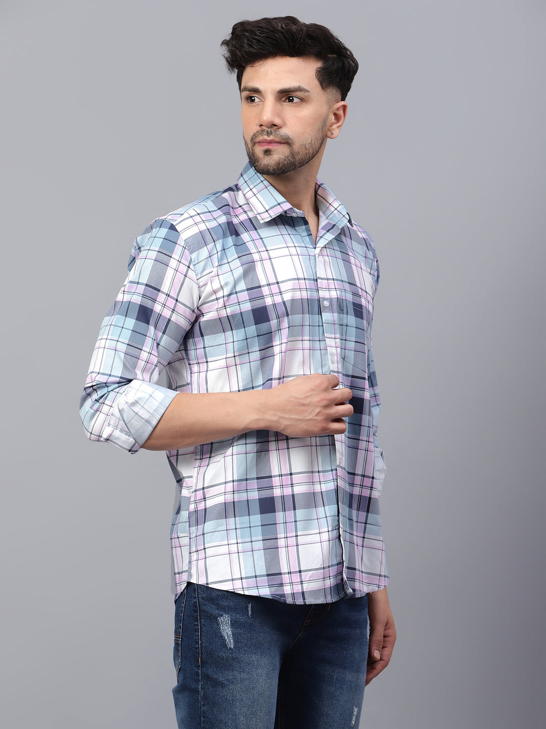 Multi Color Neon Check Lycra Casual Shirt