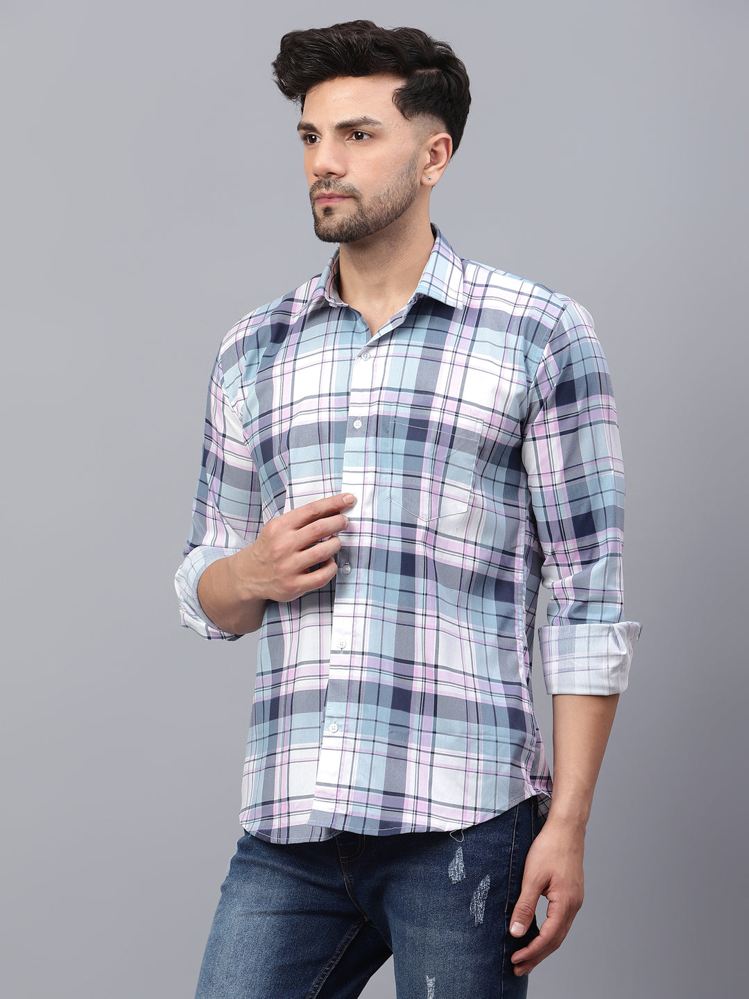 Multi Color Neon Check Lycra Casual Shirt