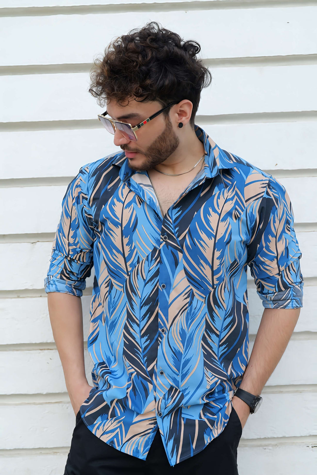 Indigo Bloom Tropical Printed 100% Cotton Shirt