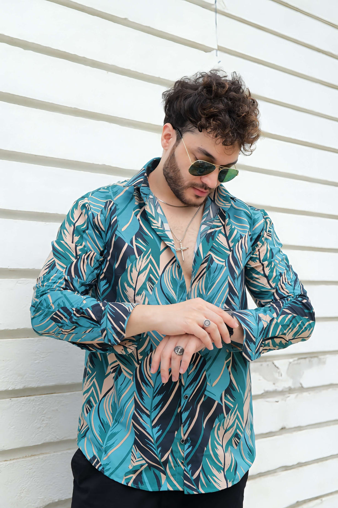 Captivating Cyan Tropical Printed 100% Cotton Shirt