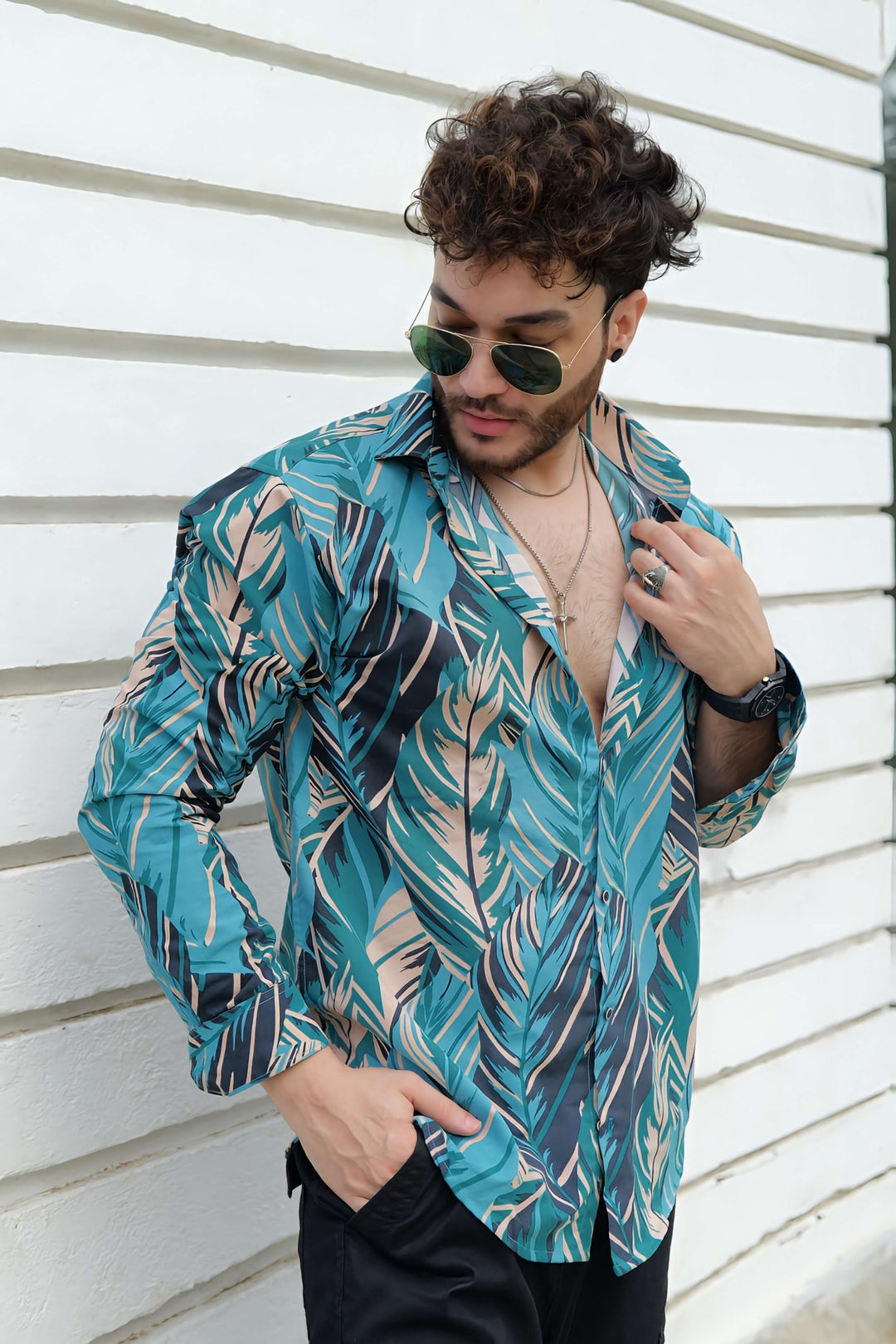 Captivating Cyan Tropical Printed 100% Cotton Shirt