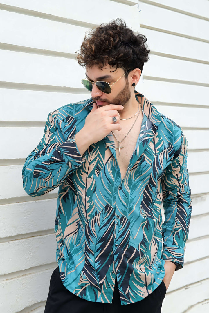 Captivating Cyan Tropical Printed 100% Cotton Shirt