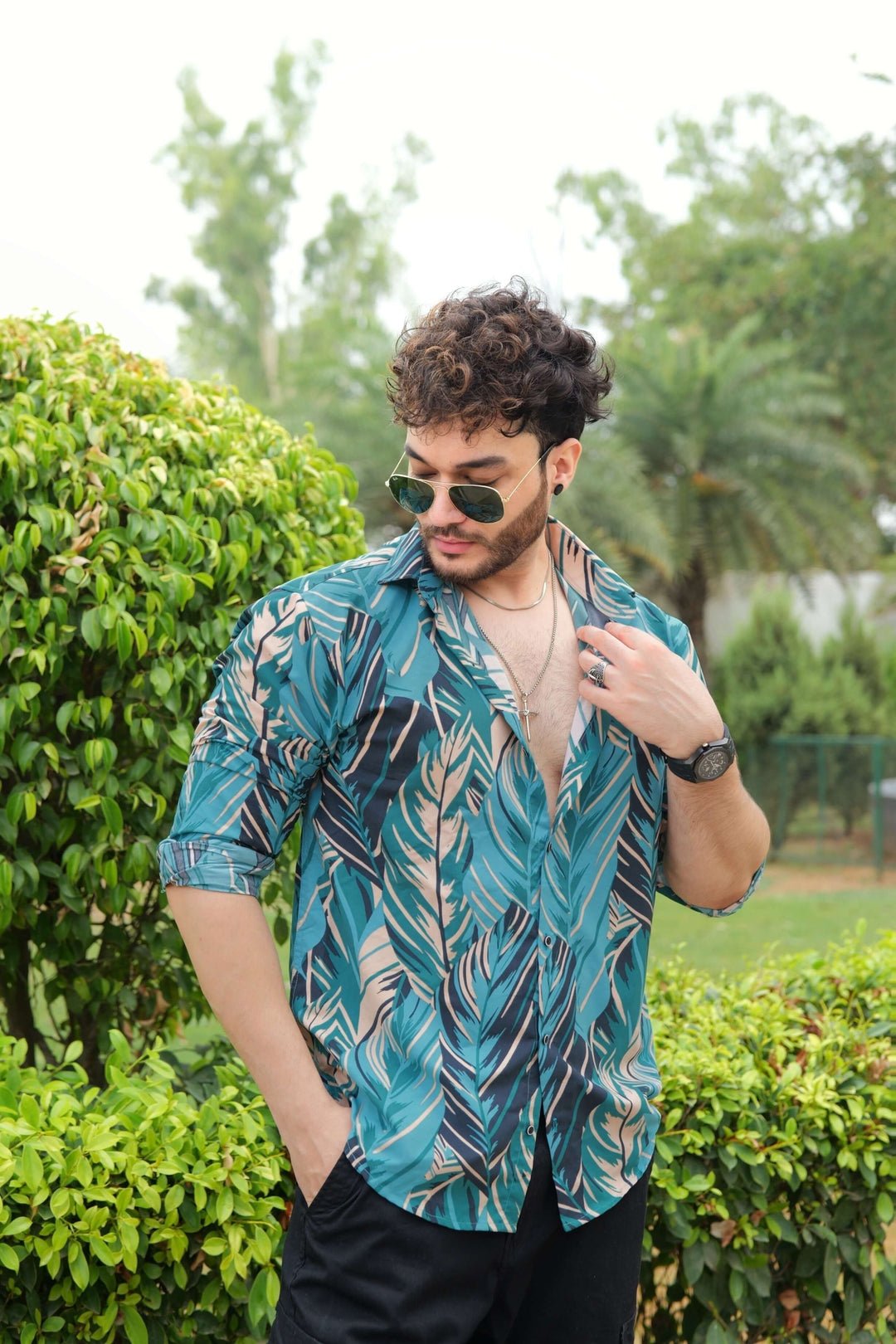 Captivating Cyan Tropical Printed 100% Cotton Shirt