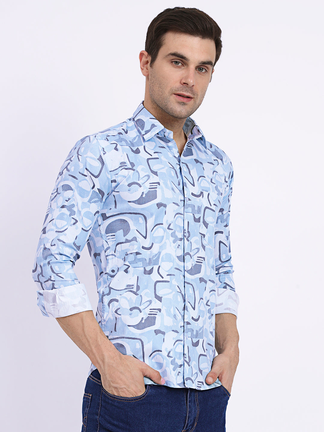 Azure Blue Geo-Abstract Printed Casual Shirt